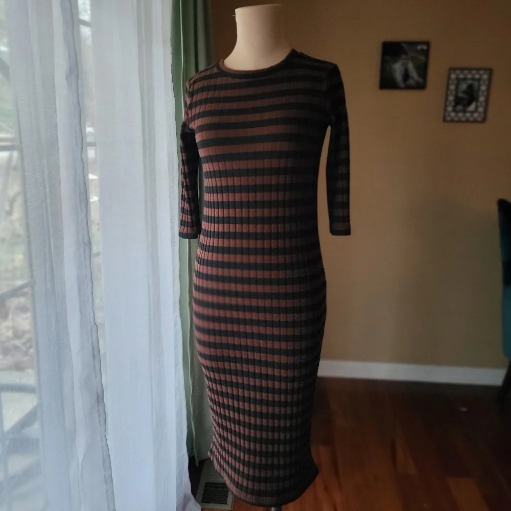 zara brown striped dress Zara Trafaluc Black and Brown Striped Long Sleeve Midi Dress Womens Small